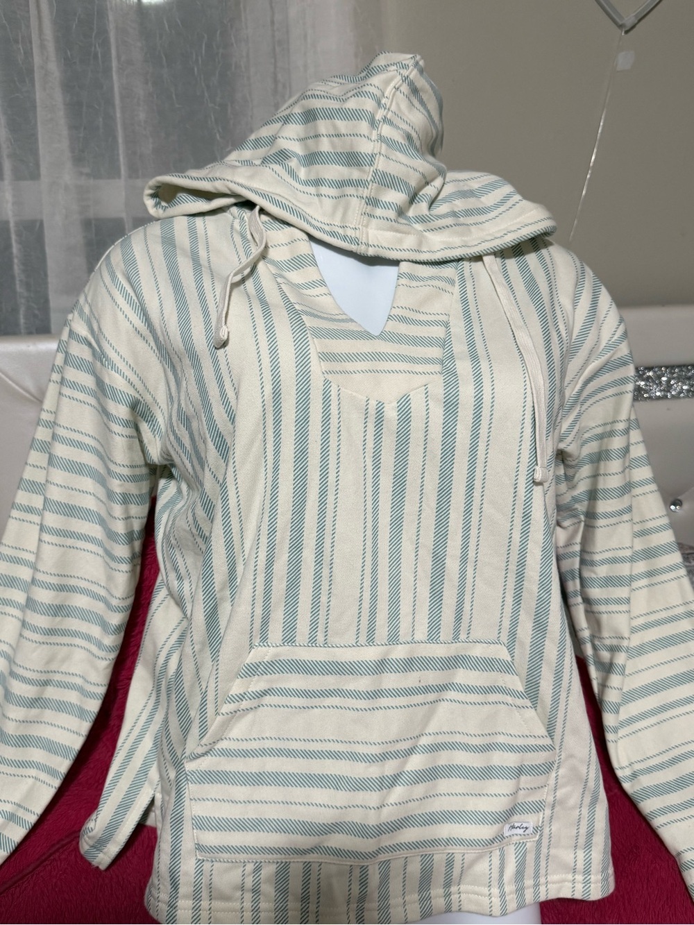 Hurley Striped Hooded Baja in Cream and Teal - Picture 2 of 8